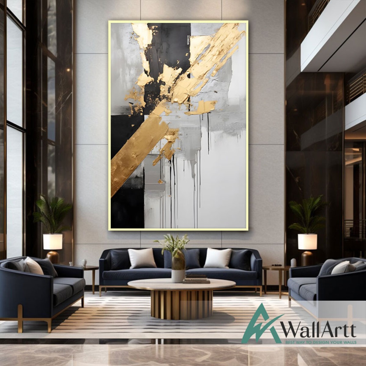 Abstract Black with Gold Foil II 3d Heavy Textured Partial Oil Painting - Wall Art